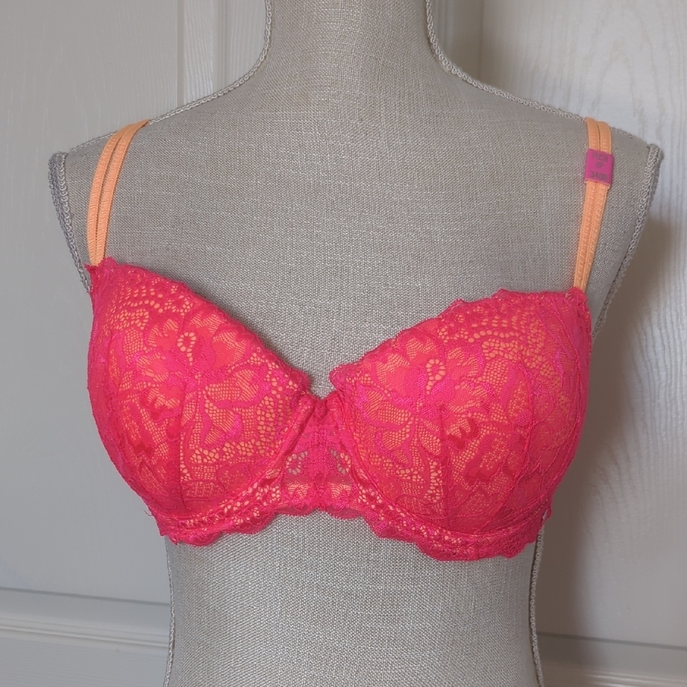 PINK Victoria's Secret Vibrant Lace Push-Up Bra - Bright Coral Pink and Orange